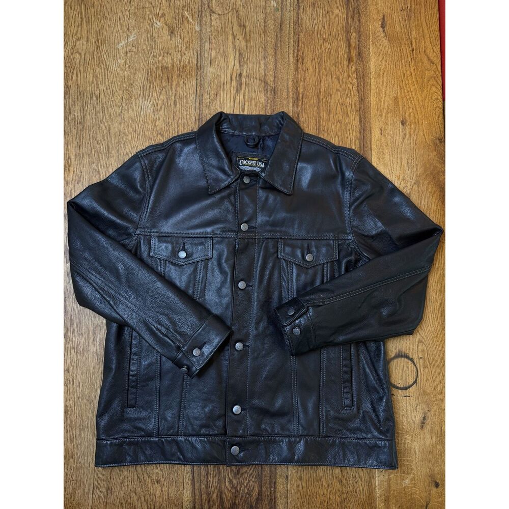 Cockpit USA Men's Black Calfskin Leather Trucker Jean Jacket XL Made in USA